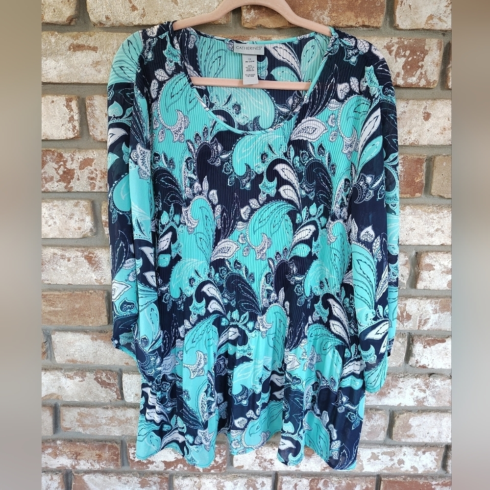 Catherines Multicolor Paisley Pleated Chiffon Artsy Tunic Top Sz 1X Casual Boho